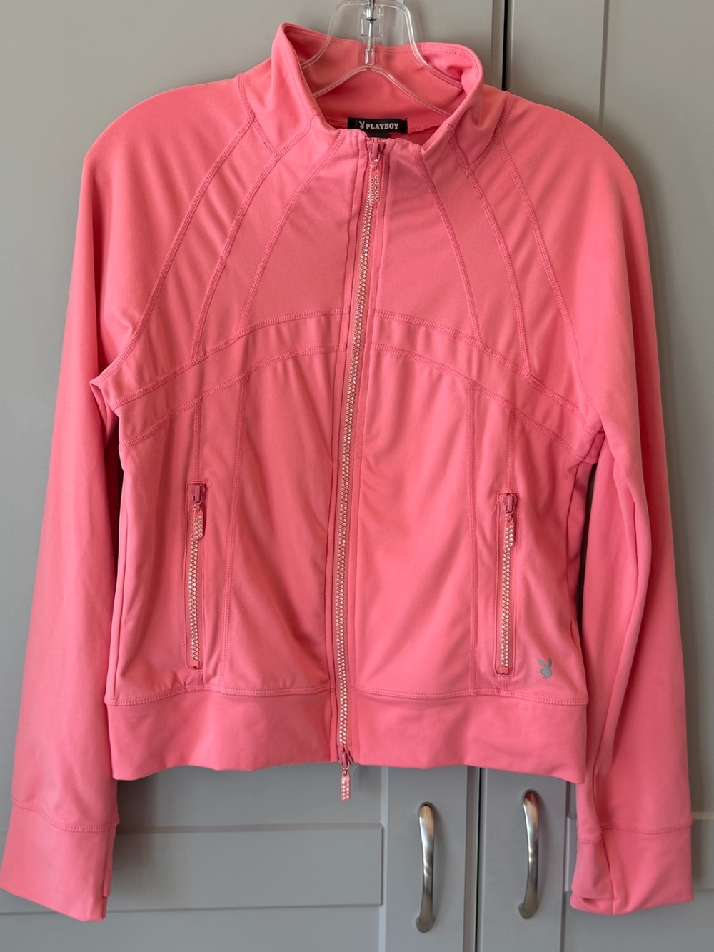 Playboy Pink Rhinestone Full Zip Define Jacket Y2K Bunny Logo w/ Thumb Holes XL